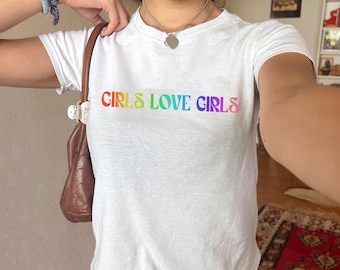 Girls Love Girls Baby Tee, Pride LGBTQ WLW Pansexual Bisexual Baby Tee, Y2k Baby Tee, Lesbian Baby Tee, Trendy Baby Tee, 90s Baby Tee Shirt