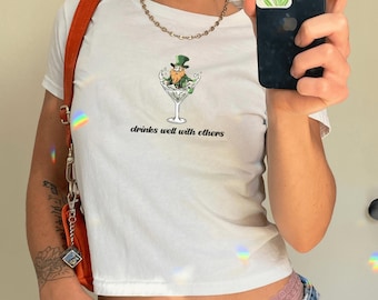 St Patrick's Day Shirt Womens Baby Tee, Leprechaun Martini Cocktail Vintage Tee, St. Patty's Day Baby Tee, Vintage Aesthetic Funny Tee