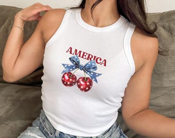 Cherries 4th of July Tank Top, Star Bow Summer Shirt, Independence Day Girl Top, Y2K Tee,Cute Memorial Day Outfit, Red Star Cherry Tank Top