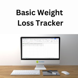 May include: A computer screen displaying a spreadsheet with the title "Basic Weight Loss Tracker". The spreadsheet has columns for date, starting weight, current weight, target weight, weight loss, and notes. The computer is on a wooden desk with a keyboard, a drawing tablet, and a white mouse.