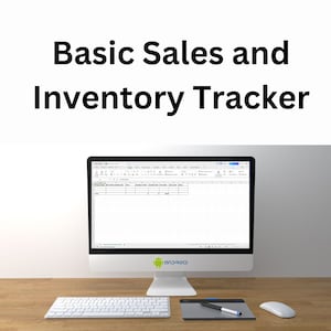 May include: A computer monitor displays a spreadsheet labeled "Basic Sales and Inventory Tracker." A white keyboard, mouse, and stylus with a tablet are on a wooden desk. The Android logo is visible on the monitor.