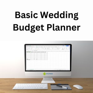 May include: A computer screen displaying a spreadsheet titled "Basic Wedding Budget Planner". The spreadsheet has columns for expense category, estimated cost, actual cost, payment method, and notes. The screen is on a wooden desk with a keyboard, a drawing tablet, and a mouse.