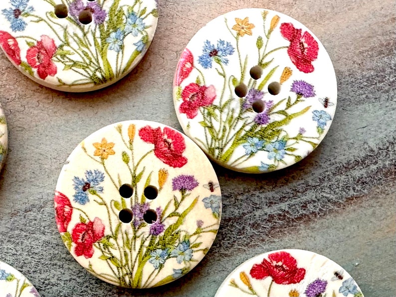 Spring Meadow Wooden Buttons 6 Piece Floral Colorful Fasteners for Cardigan or Crafts 3cm Gift for Mom Craft Buttons image 4