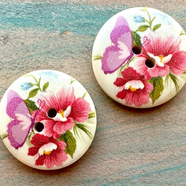 Pink Butterfly Wood Buttons 6 Piece 3cm Flower Button with Pretty Butterfly for Cardigan Gift for Mom Fastener for Baby Clothes