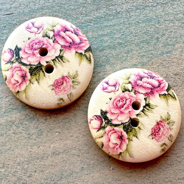 Pink Rose Garden Wood Buttons 6 Piece Perfect for Cardigans or Craft Projects 3cm Brown Old Fashioned Floral Pretty Gift for Mom