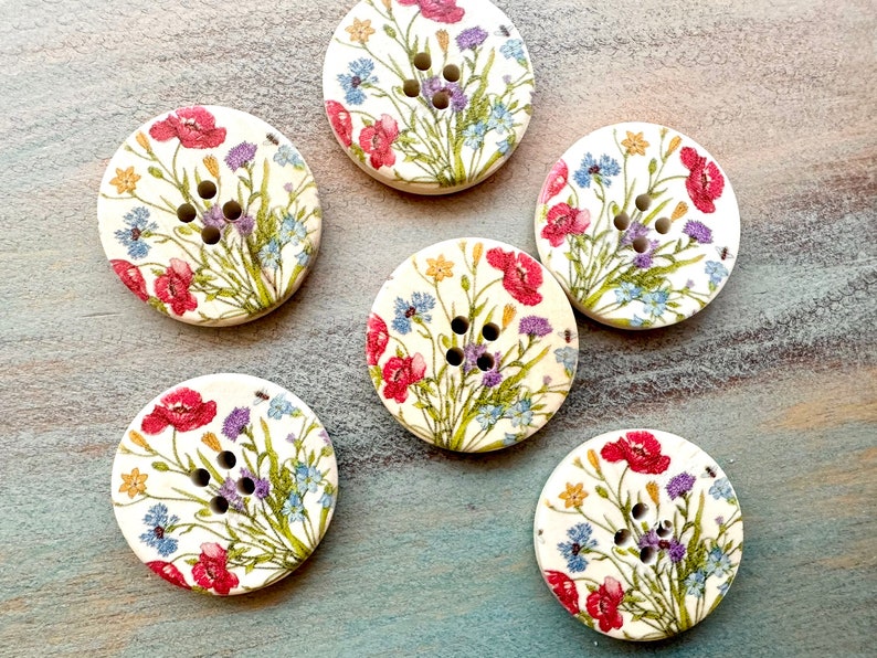 Spring Meadow Wooden Buttons 6 Piece Floral Colorful Fasteners for Cardigan or Crafts 3cm Gift for Mom Craft Buttons image 8