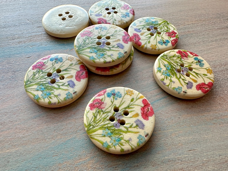 Spring Meadow Wooden Buttons 6 Piece Floral Colorful Fasteners for Cardigan or Crafts 3cm Gift for Mom Craft Buttons image 3