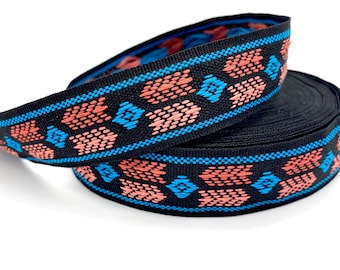 25mm Black Aztec Jacquard Ribbon, Arrow Blue & Red Trim