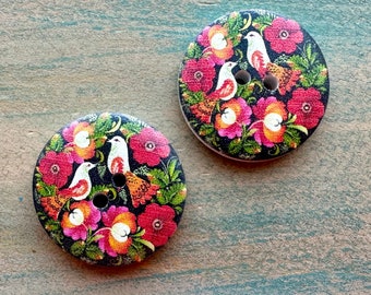 Bird Garden Wooden Buttons 6 Piece 30mm Black Button Big Jungle Theme Button Tropical Fastener for Cardigan Aviary