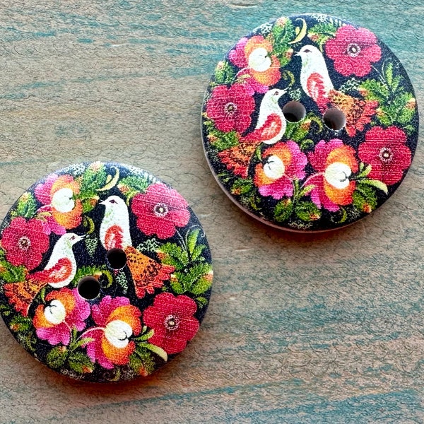 Bird Garden Wooden Buttons 6 Piece 30mm Black Button Big Jungle Theme Button Tropical Fastener for Cardigan Aviary