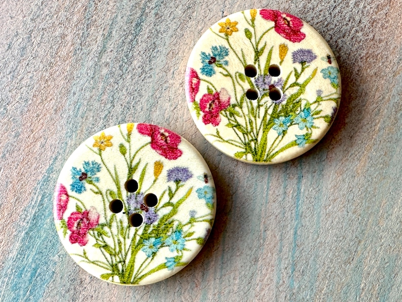 Spring Meadow Wooden Buttons 6 Piece Floral Colorful Fasteners for Cardigan or Crafts 3cm Gift for Mom Craft Buttons image 1