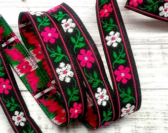 12mm Night Posies Ribbon Embroidered Trim  Jacquard Floral Black and Pink Fabric for Doll Clothes Decoration Crafts