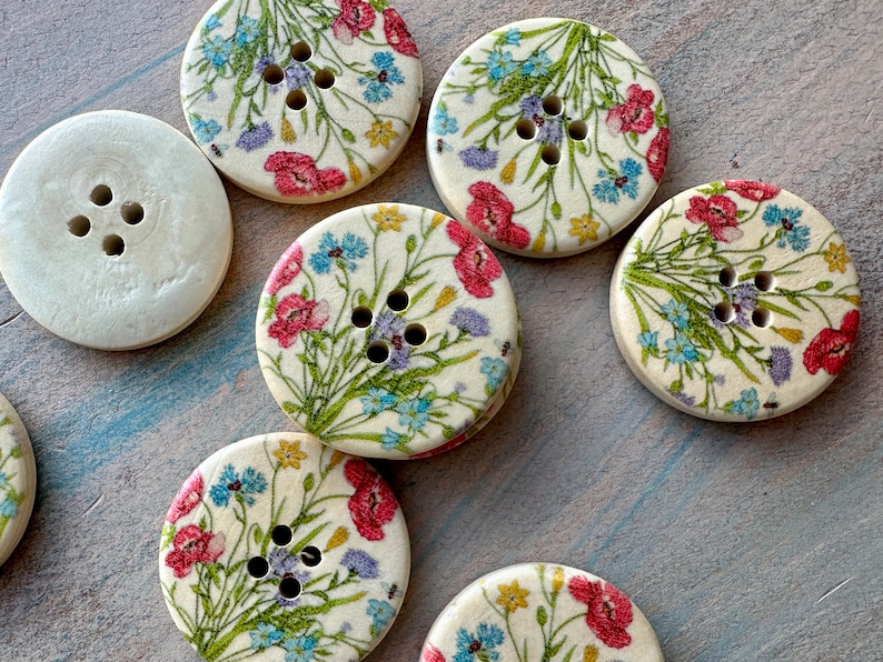 Spring Meadow Wooden Buttons 6 Piece Floral Colorful Fasteners for Cardigan or Crafts 3cm Gift for Mom Craft Buttons image 5