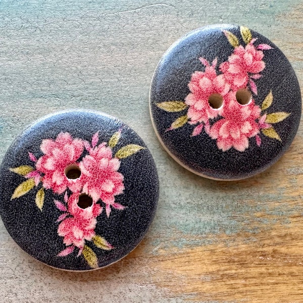 Midnight Rose Wooden Buttons 6 Piece 2 holes 30mm Black Button Big Floral Theme Button Garden Fastener for Cardigan Black and Rose