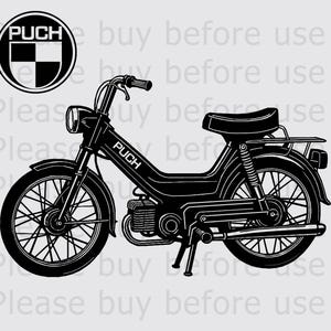 Puede incluir: Ilustración en blanco y negro de una ciclomotor Puch. El ciclomotor tiene un faro redondo, un asiento y un portaequipajes. El logotipo de Puch se muestra en el lateral y en un emblema circular.