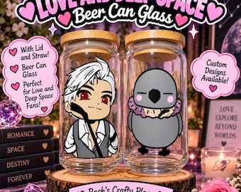 May include: Two clear glass tumblers with bamboo lids, each featuring a printed character graphic. One glass displays a white-haired anime-style character, while the other shows a round gray bird-like creature with a ruffled collar.