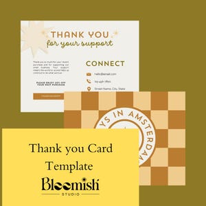Puede incluir: Una plantilla de tarjeta de agradecimiento con el texto "THANK YOU for your support" y un diseño de estrella. La tarjeta incluye información de contacto y una oferta de descuento. Una segunda tarjeta tiene un patrón de cuadros.