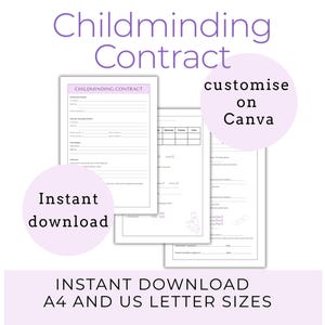 Op de afbeelding: Een digitaal contract voor kinderopvang, direct te downloaden. De afbeelding toont drie pagina's van het contract, met de titel "Childminding Contract" in paars. De tekst "customise on Canva" en "Instant download" zijn ook zichtbaar. De tekst "INSTANT DOWNLOAD A4 AND US LETTER SIZES" is ook zichtbaar.