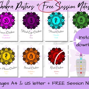 May include: Eight printable chakra posters with mandala designs in different colors. Each poster features a Sanskrit symbol and the name of the chakra. The posters are designed for A4 and US letter sizes. The image also includes a free session notes page with a diagram of the chakras on the body.