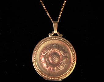 Vintage Large Rolled Gold Round Sunflower Locket with Chain