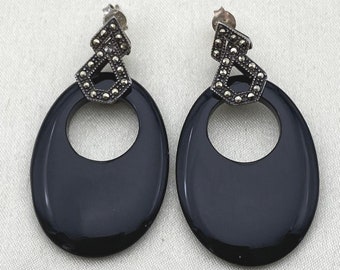 Boucles D'oreilles Art Déco En Argent Sterling 925 Et Marcassite - Forme Goutte Ovale, Occasion