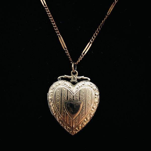 Antique R.B.M Rolled Gold Large Heart Locket with Long Bar Chain