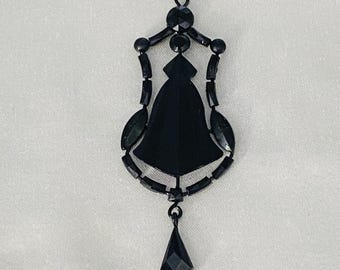 Vintage Czech Victorian Style Pierced Openwork Jet Black Glass Drop Pendant with Bead Chain