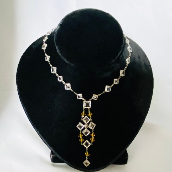 Antique Art Deco Nickel Silver Open Backed  Crystal and Yellow Crystal Geometric Necklace