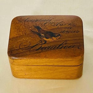 Antique French Olive Wood Hand Painted Swallow Bird “Souvenir Grand Hotel des Anglais Beaulieu” Small Hinged Trinket Box