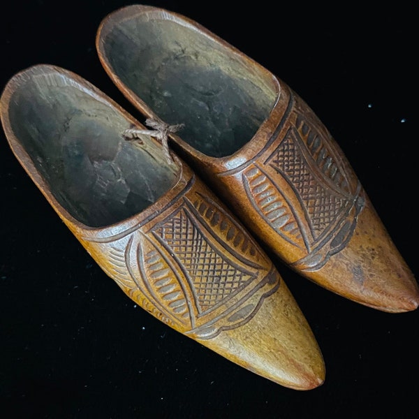 Antique Carved Wooden Miniature Pair of Pointed Turned Up Toe Clogs