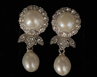 Vintage Georgian Style Sterling Silver Cultured Pearl Paste Drop Earrings with 9ct Gold Shepherds Earring Hooks