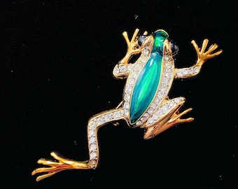 Vintage Gold Plated Green Enamel and Rhinestone Frog Brooch