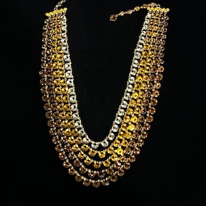 Vintage 1950’s Gold Plated Statement Yellow, Orange and Brown 5 X Row Crystal Open Backed Tennis Necklace