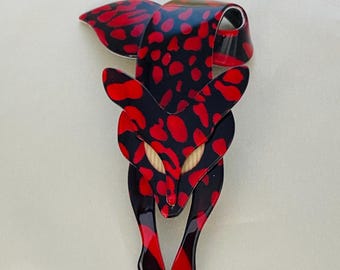 Broche vintage de zorro con manchas rojas y negras, firmado por Lea Stein