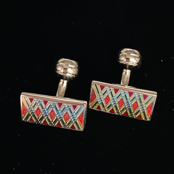 Vintage Art Deco Style Signed Duchamp London Crisscross Red Enamel Cufflinks