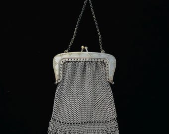 Antique Victorian Silver Plated Chain Mail Chatelaine Bag