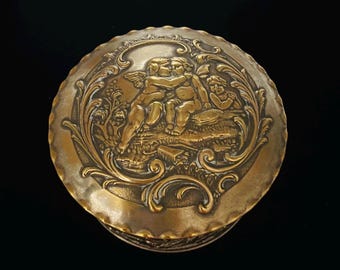 Antique Victorian Round Brass Scrolled Cherub Trinket Box