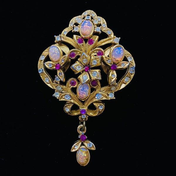 Vintage Victorian Style A1330 Gold Plated Faux Opal, Ruby and Diamanté Drop Flower Brooch
