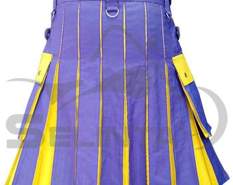 Fatto a mano Uomo ibrido moda Utility Kilt viola con pieghe interne giallo Hybrid Kilt