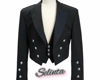 Giacca da sposa scozzese fatta a mano Prince Charlie Kilt con 3 gilet con bottoni Giacca da sposa 100% lana