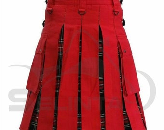 Uomo fatto a mano rosso 100% cotone Scottish Utility Cargo Hybrid Kilt con diverse pieghe tartan del clan