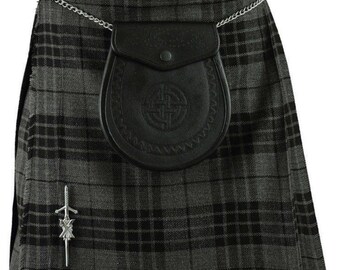 Uomo Scottish Highland Grey Tartan Handemade Kilt Tradizionale Highland Outfit, Kilt + Sporran + Catena + Cintura + Fibbia + Spilla