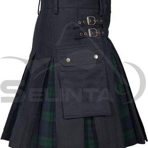 Handgjord herrkilt i bomull, svart skotsk kilt med tartanveck från olika klaner
