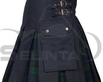 Kilt scozzese nero in cotone fatto a mano da uomo con diverse pieghe in tartan del clan