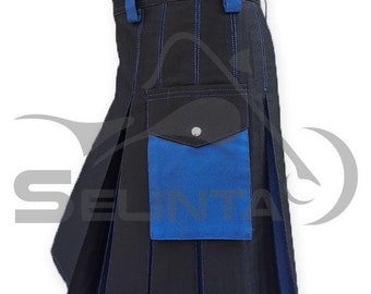 Kilt ibrido nero da uomo con pieghe interne blu Girovita (da 28" a 52")