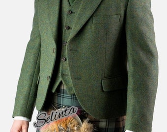 Giacca Kilt di lana verde Lovat da uomo fatta a mano con gilet Giacca da sposa tradizionale vintage Argyle Kilt Jacket