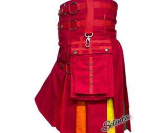 Uomo Arcobaleno Cotone Rosso Ibrido Kilt Nylon Straps Pieghe Colorate Kilt