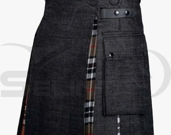 Uomo scozzese fatto a mano Black Jeans Denim ibrido Kilt Utility Fashion Kilt Style / Kilt Inner Pleats In vari 40 Tartan