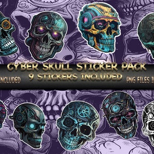 Sticker Bundle -  Bionic Skulls - 9 High-Quality Skull Stickers - Printables - Circuit cut file - PNG - SVG - PDF - ai generated