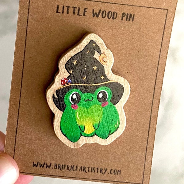 Cute Kawaii Wizard Frog Wood Pin